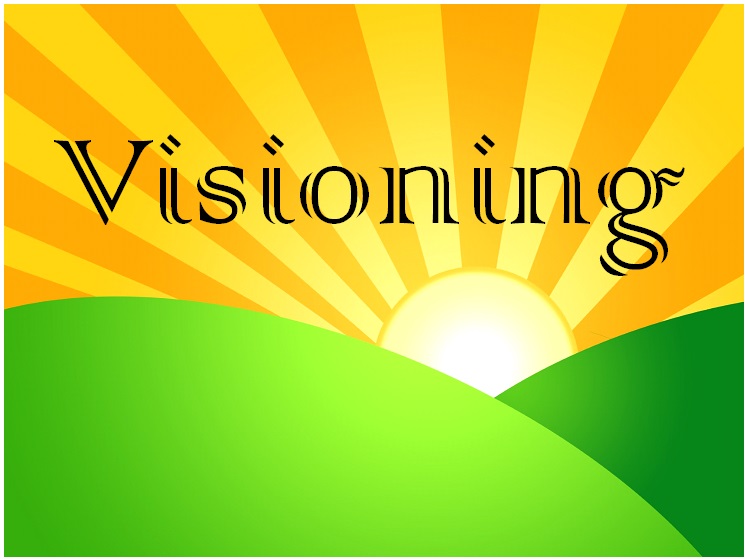 yellow sun, green hill, and the word visioning